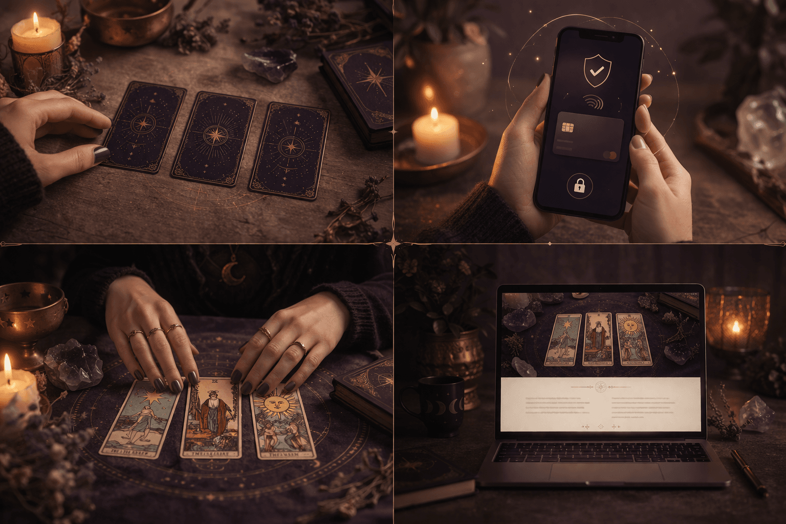 Hands arranging tarot cards in candlelight