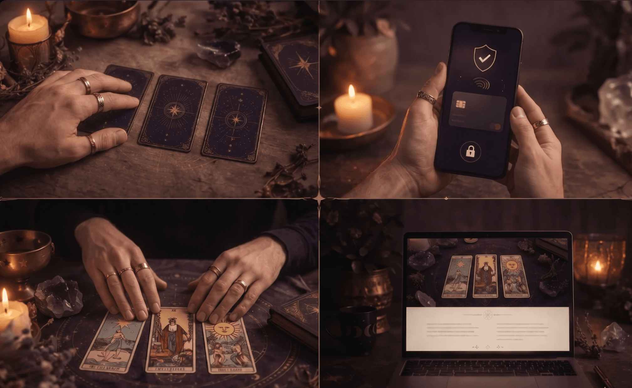 Hands arranging tarot cards in candlelight